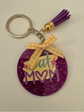 Purple & Yellow 'Cat Mom' Keychain with Tassel and Yellow Gingham Bow